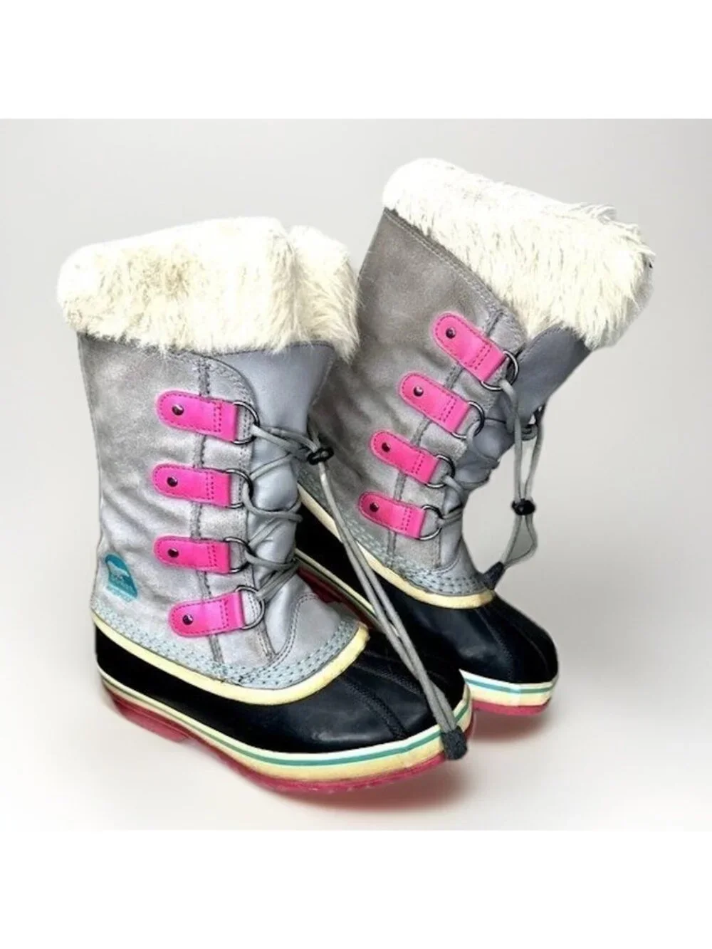 Sorel Winter Snow Boots Girls 4 Gray Pink Waterproof Faux Fur Insulated Warm